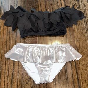 Stella Cove Girls Black Bikini Top & Shiny Silver Ruffle Bikini Bottoms
